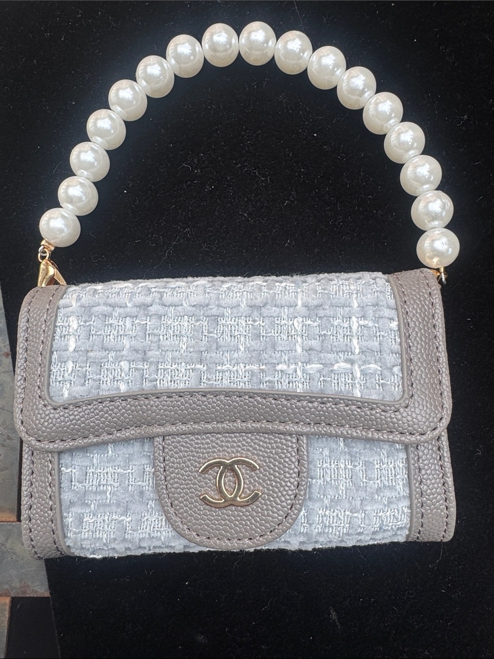 card holder handbag mini etc mini Gray Tweed Pearl-Handle